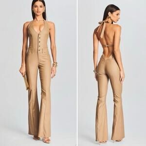 NWT Retrofête Cynthia Tan Open Back Flared Halter Jumpsuit